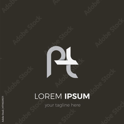 Lowercase initials pt, logo with gradient shadow, bright colors on dark background, looks nice and simple