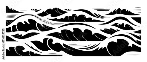 Stylized Black and White Waves Pattern: A Dynamic Ocean Surface Illustration