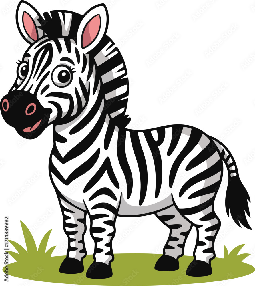 Obraz premium A cute zebra clipart with black stripes, cartoon character in flat vector style.