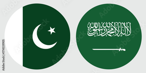 Saudi Arabia and Pakistan Circular Flags on Grey Background , Symbol of Friendship and Unity