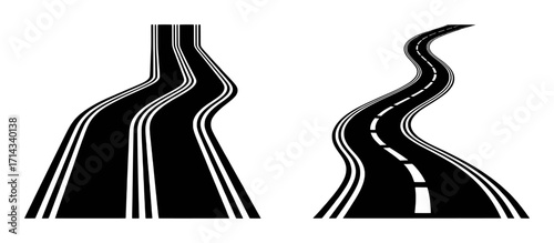 Two Winding Black Roads with White Stripes on a White Background