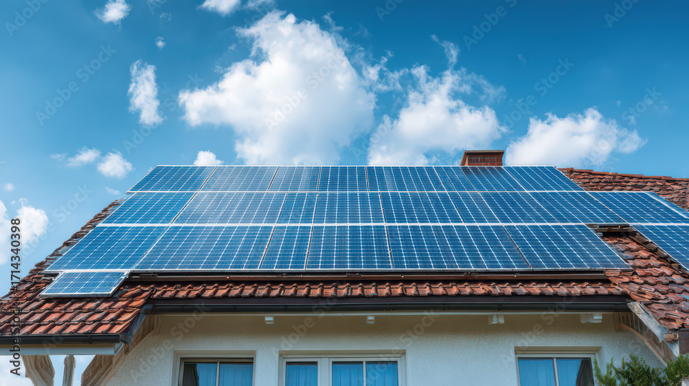 Fototapeta premium Solar Panels on Roof: Capturing a striking image of a house roof, the radiant solar panels gleam under a vibrant blue sky, their surfaces reflecting the promise of clean energy and sustainability.