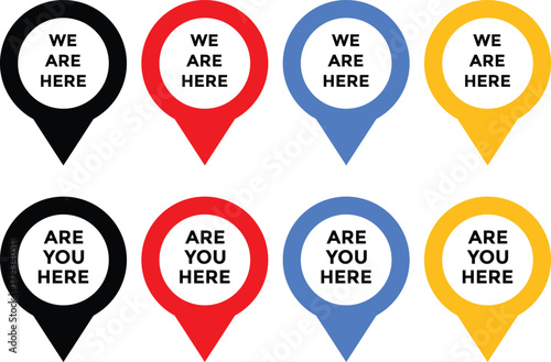we are here and are you here icon with location symbol. Location marker with text we are here and are you here icon. 