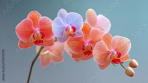 Vibrant Orchid Flowers Blooming in Soft Pastel Colors Against a Gentle Blue Background