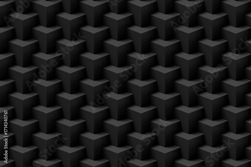 Black cubes stacking on one another forming a stepping geometric pattern. Illustration as a dark background for web design and slide show presentations