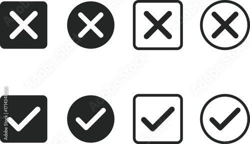 check mark and cross mark icon set. Yes, no sign. Approve and reject symbols. Green Tick and Red X Sign