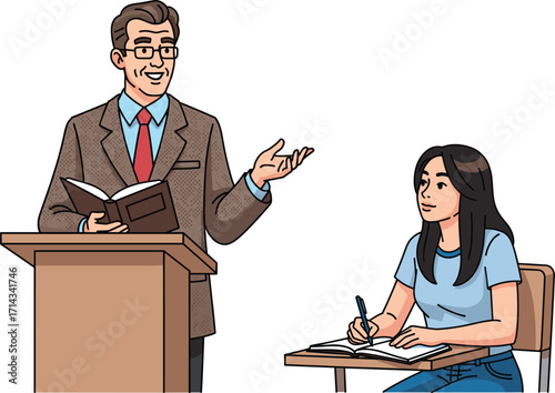 Teacher lecturing at podium, student taking notes, classroom learning, education, academic lecture, knowledge sharing, study concept