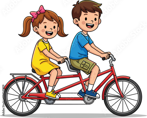 Children riding tandem bicycle, boy and girl cycling together, teamwork, outdoor activity, fun ride, friendship, cooperation, childhood adventure, healthy lifestyle, summer