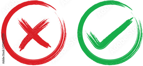 hand drawn check mark and cross mark icon set. Yes no sign. Approve and reject symbol. Green Tick and Red X Sign