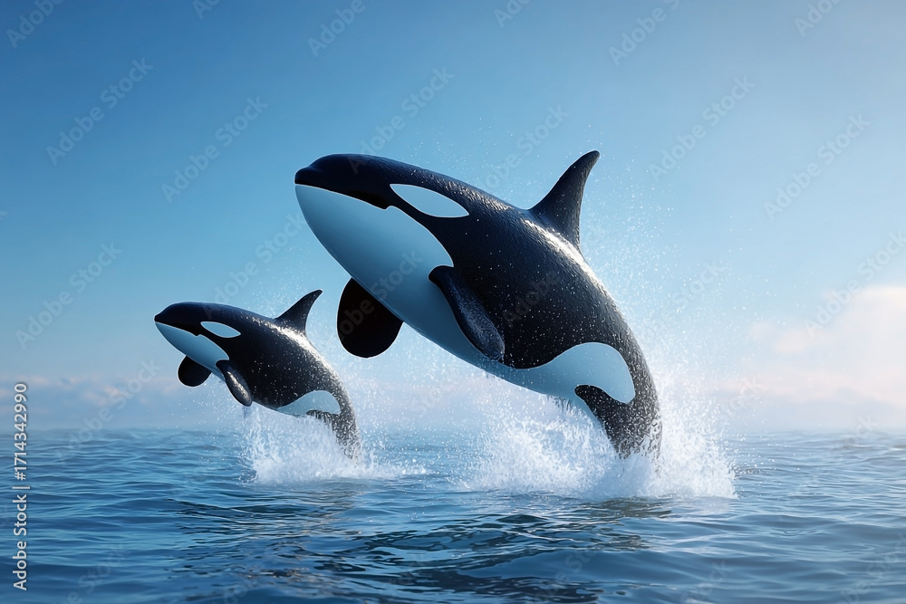 Fototapeta premium Dynamic Orcas Leaping from Serene Ocean Waters Under a Sky Blue Canvas