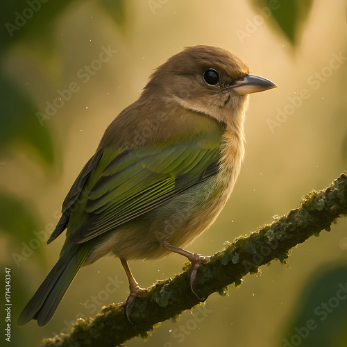Candid Telephoto Wildlife: Bird Perched on Mossy Branch
