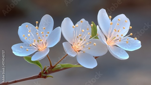 Delicate White Cherry Blossom Flowers with Soft Petals and Golden Stamen on a Branch Against a Blurred Background