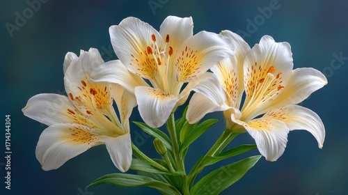 Elegant White Lilies with Vibrant Yellow Stamin, Fresh Floral Arrangement on Soft Blue Background