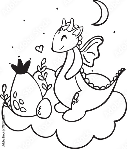 Cute dragon with an egg in doodle style. Coloring page for kids. Vector