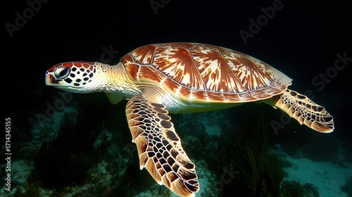 Colorful Sea Turtle Gliding Through Clear Ocean Water