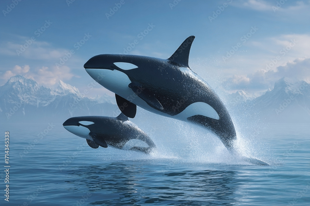 Fototapeta premium Orca Family Leaping in Open Ocean with Majestic Snow-Capped Mountain Backdrop