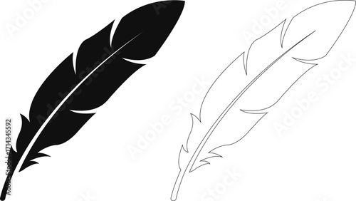 set of feathers, Bird feather icons set. Simple black symbols with different feathers from bird wings. Flat line style vector for apps website isolated on transparent background, Feathers silhouette.