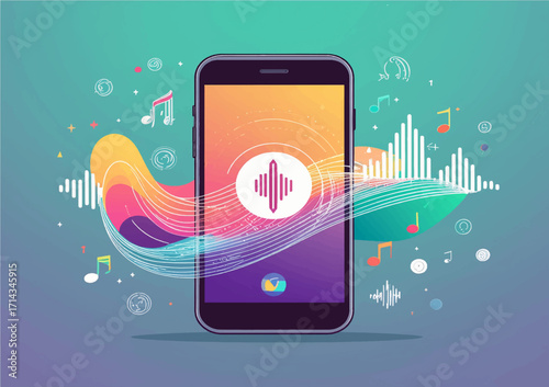 A modern smartphone glowing brightly as its screen lights up with an incoming call. Around the device, colorful sound waves and floating music notes ripple outward, 
