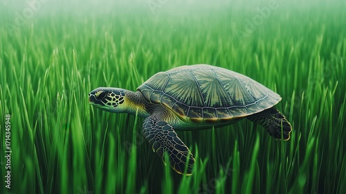 Turtle Swimming in Lush Green Underwater Grass Landscape