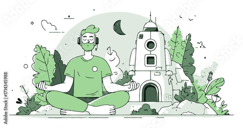 Serene Meditation with Rocket and Nature in Cartoon Style Illustration