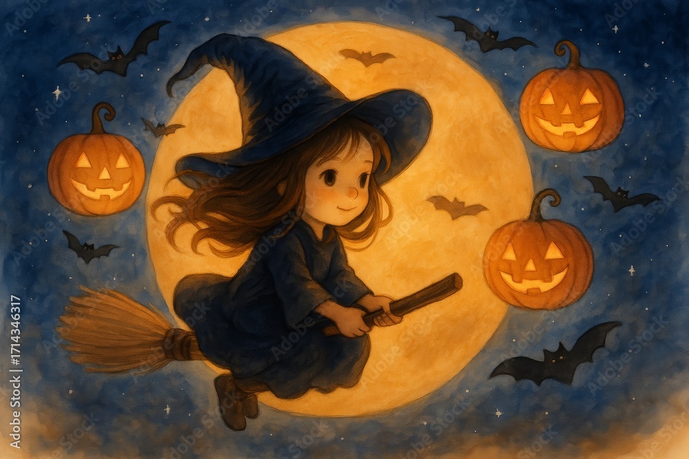 Fototapeta premium Cute little witch girl flying on a broomstick across the night sky with a full moon, bats, and floating pumpkins, magical and enchanting Halloween fantasy illustration