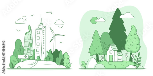 Urban and Nature Blend in Green Vector Cartoon Landscape Illustration