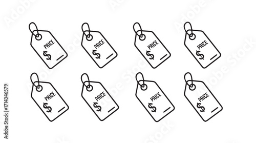 Collection of eight hand drawn price tags with the number five silhouette