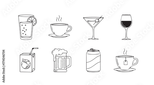 Collection of hand drawn beverage silhouettes in a simple line art style silhouette