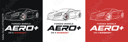 Sports car line art illustration with forged wheels widebody aero kit typography for racing automotive lifestyle t shirt design