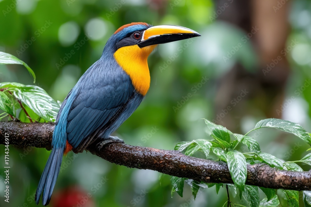 Fototapeta premium Colorful toucan perched on a branch in a rainforest
