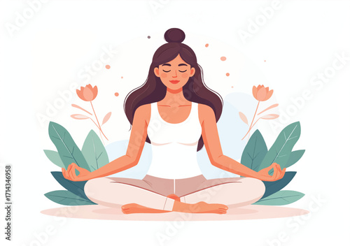 A calm female figure practicing yoga in a serene setting, sitting cross-legged in lotus pose on a yoga mat. She has a graceful posture, closed eyes, and a peaceful expression. Soft natural light high