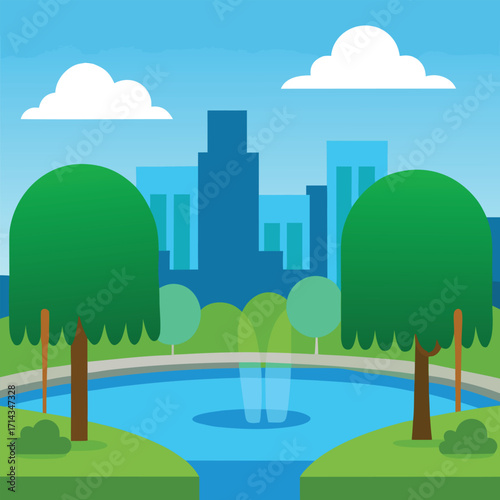 Vector cartoon cityscape with buildings, trees, clouds, and green grass representing urban ecology and nature design