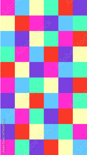 A vibrant, seamless geometric pattern of colorful squares in bright shades of red, blue, pink, and green. This energetic design is perfect for backgrounds and posters.