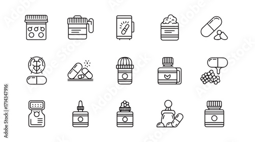 Collection of medical and pharmaceutical product icons in a simple line art silhouette style