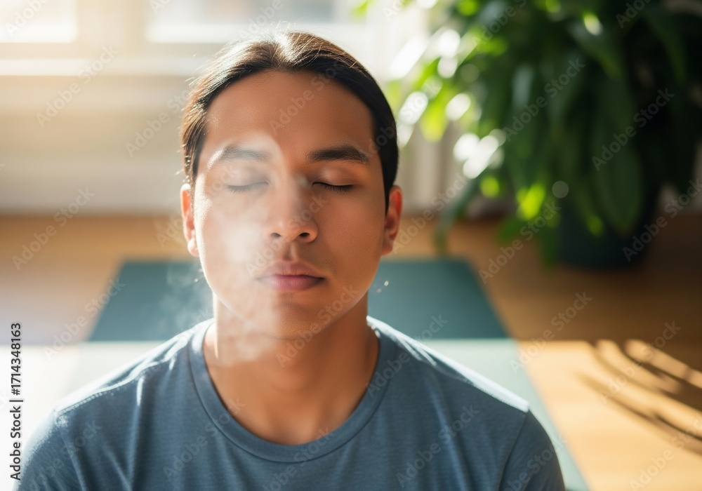 Fototapeta premium Centered Indigenous man with peaceful eyes breathes deeply on yoga mat in sunlit space, plant and light fostering mindfulness and wellness practice for inner calm visuals.