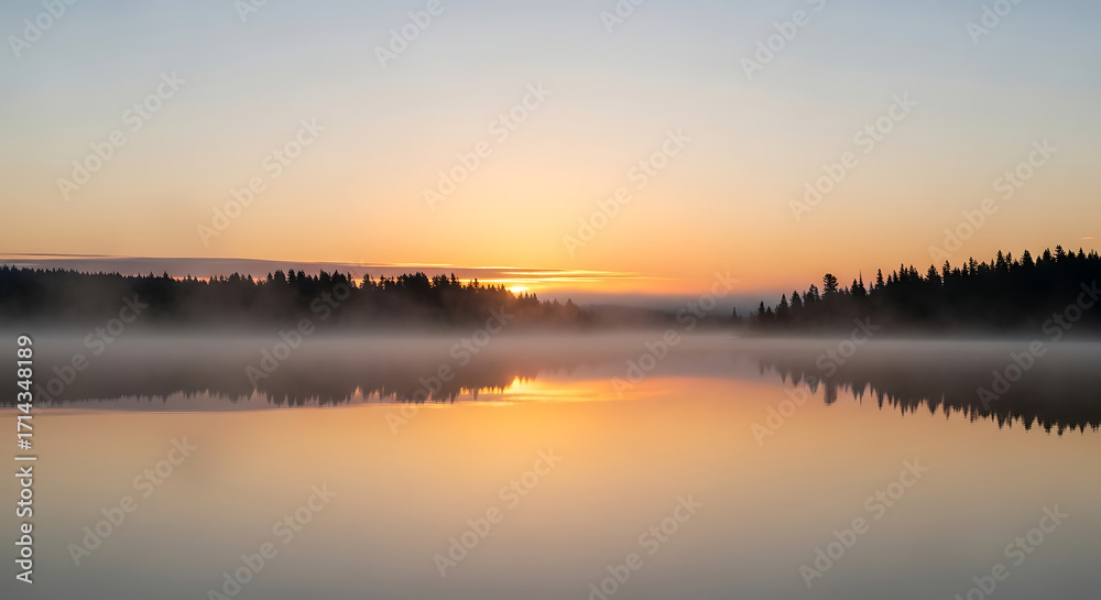 Fototapeta premium Misty sunrise over a calm lake with reflections of the trees and sky.