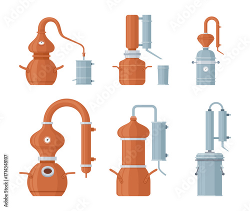 A set of vector illustrations of various distillation apparatus used in laboratories and distilleries, showing various designs and shapes, as well as their functionality.