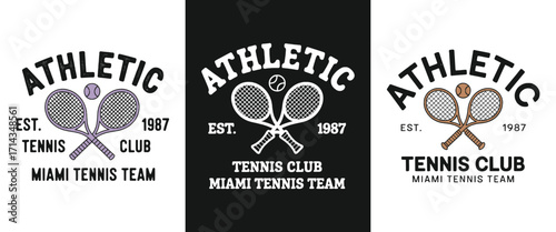 Vintage athletic tennis club emblem with crossed rackets and ball retro sports badge typography for apparel and t shirt design