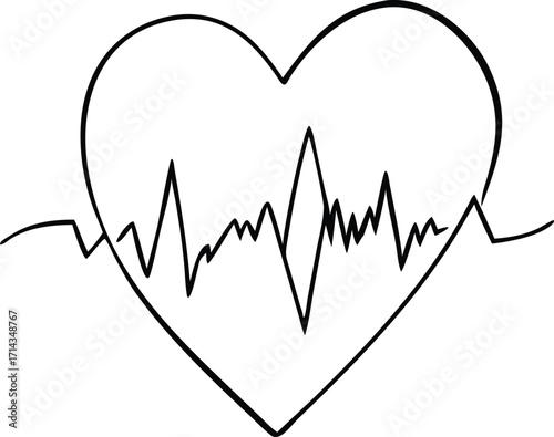 Hand drawn heartbeat ekg line inside heart shape simple sketch graphic vector
