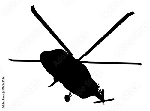 Military helicopter silhouette in black and white against a clean white background, featuring rotor blades and landing gear.