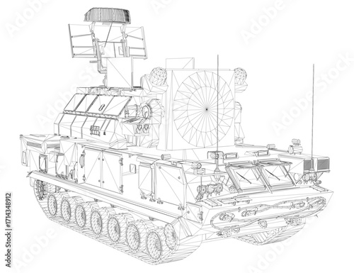 A detailed 3D model of a military anti-aircraft missile system tank blueprint on a white background, featuring intricate lines and realistic curves.