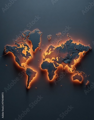 A dark gray, textured world map relief is subtly illuminated from beneath with a warm, orange glow, creating a dramatic, three-dimensional effect against a muted gray background