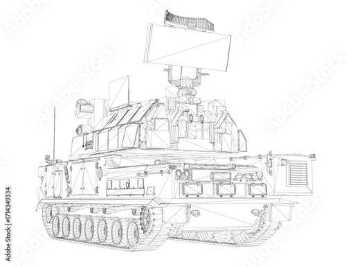 A detailed black and white military tank drawing on a white background, featuring tracks, turret, and anti-aircraft missile system components.