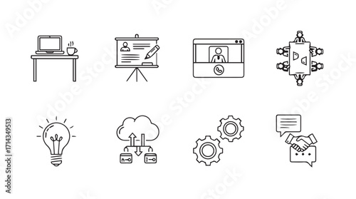 Collection of business and technology concept icons in a hand drawn silhouette style