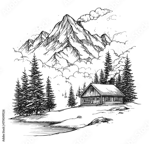 Detailed Hand-Drawn Engraving of Cabin and Mountain Landscape Scene