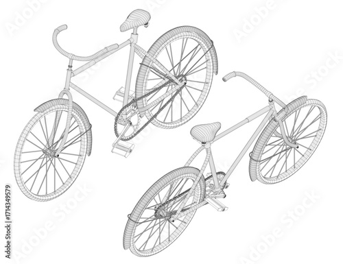 A 3D wireframe bicycle model on a white background, featuring detailed handlebars, pedals, and seat with realistic rendering.
