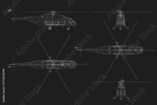 Set helicopter blueprint in 3D wireframe on black background, highlighting military design and structural details.