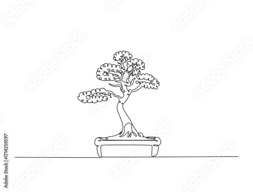 Continuous line art drawing of small bonsai tree. Bonsai tree in single line art drawing vector illustration. Editable stroke.
