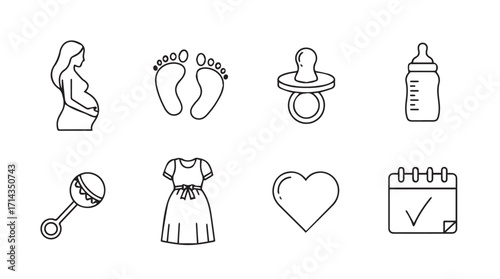 Collection of baby shower icons in a simple hand drawn silhouette style
