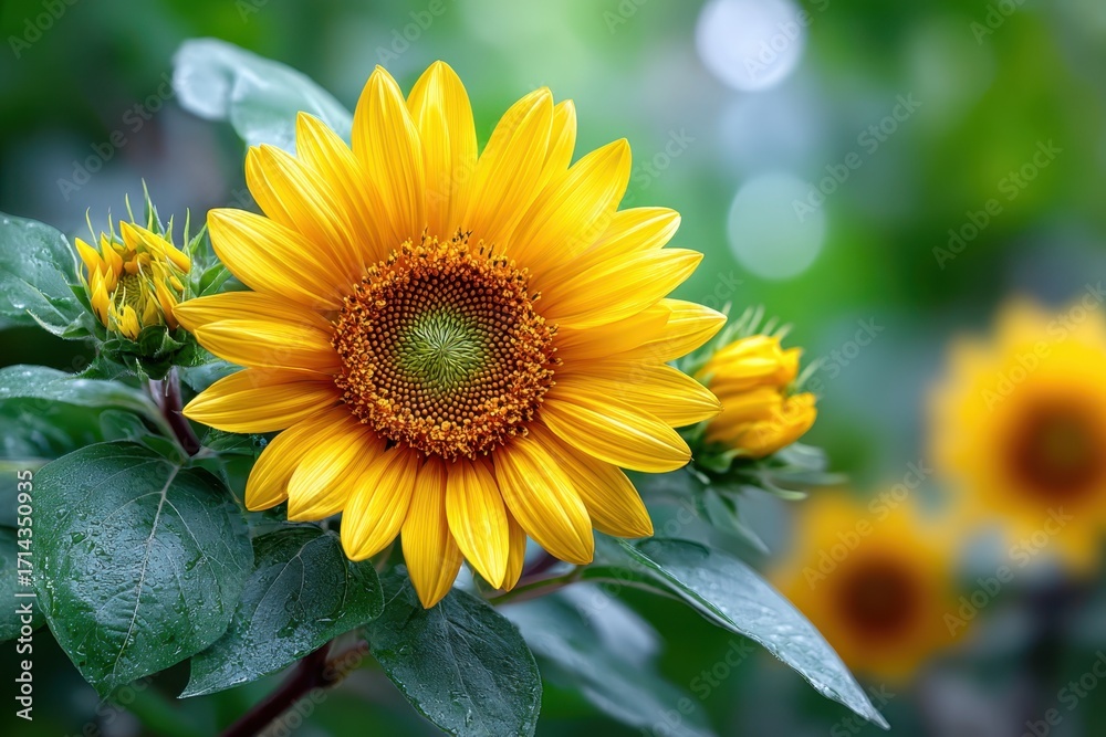 Naklejka premium Vibrant Sunflower Blossom with Dewdrops on Leaves